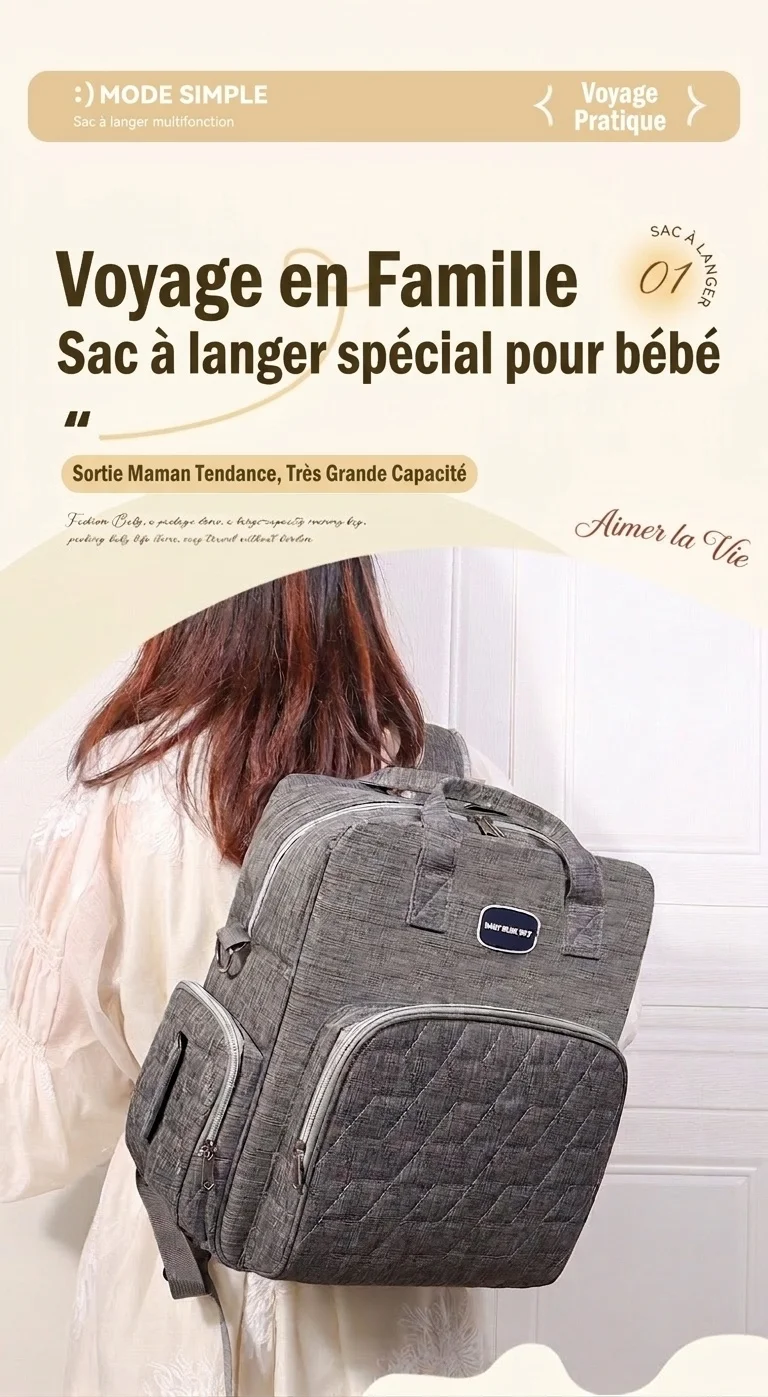 Sac à dos à langer multifonctionnel avec matelas à langer pliable, sac de voyage pour bébé imperméable en Oxford avec poches isothermes