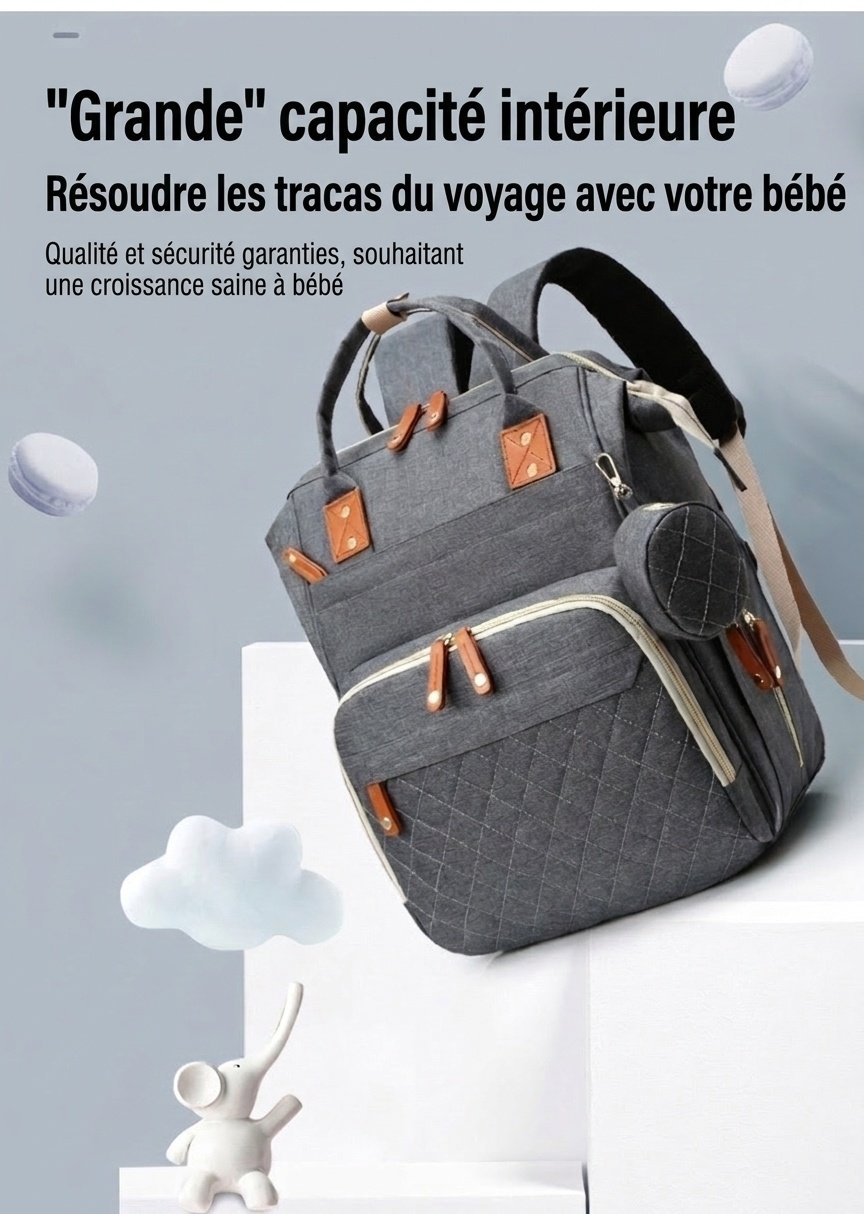 Sac à dos à langer multifonctionnel, sac de voyage pour bébé avec port de chargement USB, poches isothermes et sangles pour poussette
