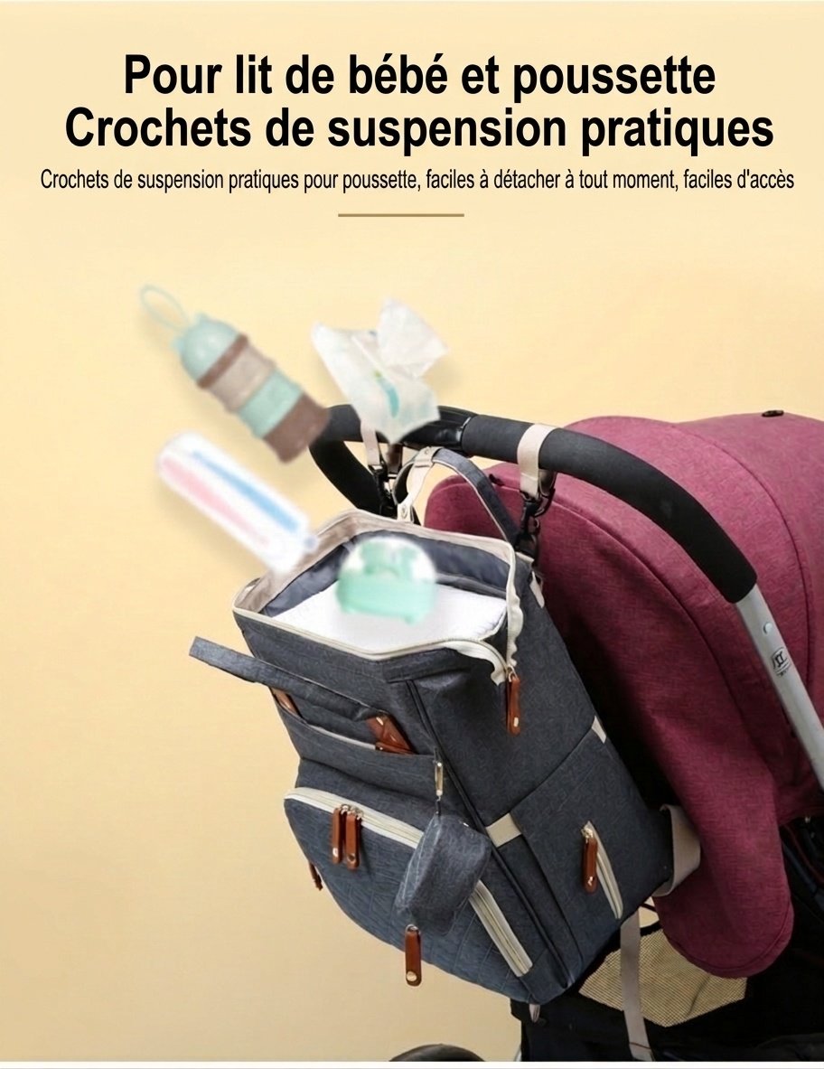 Sac à dos à langer multifonctionnel, sac de voyage pour bébé avec port de chargement USB, poches isothermes et sangles pour poussette