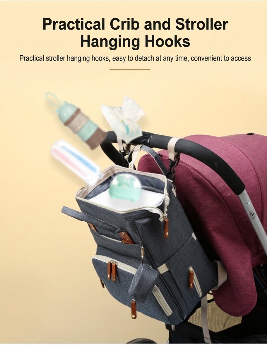 Mochila cambiador multifuncional, bolsa de pañales de viaje para bebé con puerto de carga USB, bolsillos térmicos y correas para cochecito.