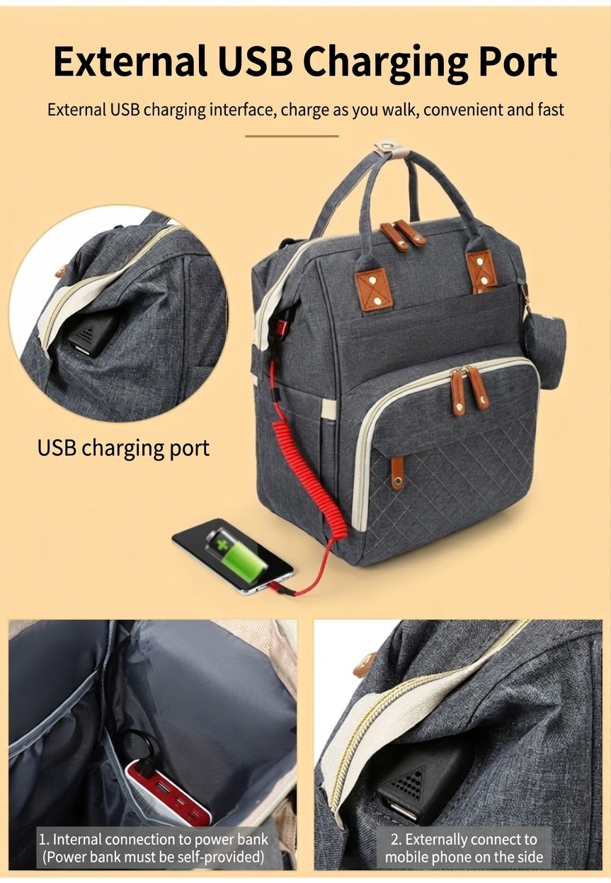 Mochila cambiador multifuncional, bolsa de pañales de viaje para bebé con puerto de carga USB, bolsillos térmicos y correas para cochecito.