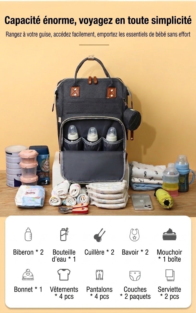 Sac à dos à langer multifonctionnel, sac de voyage pour bébé avec port de chargement USB, poches isothermes et sangles pour poussette