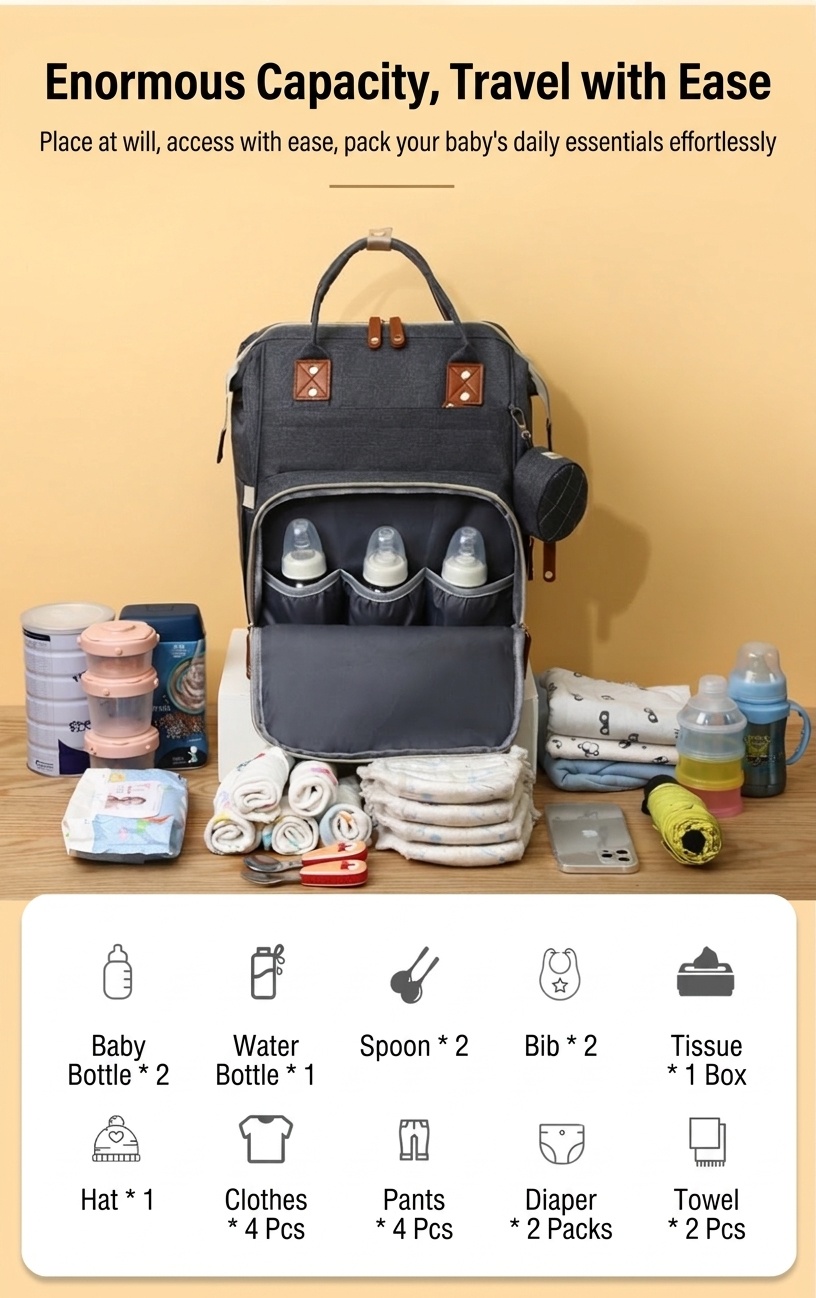 Mochila cambiador multifuncional, bolsa de pañales de viaje para bebé con puerto de carga USB, bolsillos térmicos y correas para cochecito.