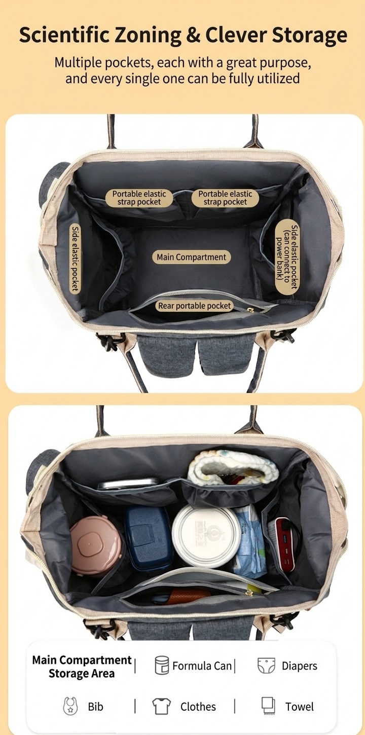 Mochila cambiador multifuncional, bolsa de pañales de viaje para bebé con puerto de carga USB, bolsillos térmicos y correas para cochecito.