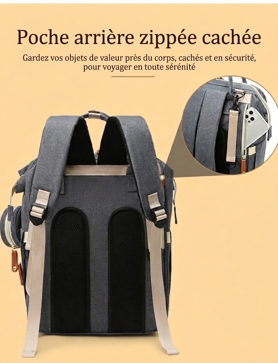 Sac à dos à langer multifonctionnel, sac de voyage pour bébé avec port de chargement USB, poches isothermes et sangles pour poussette