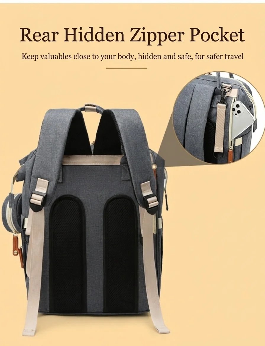 Zaino fasciatoio multifunzionale, borsa da viaggio per neonati con porta di ricarica USB, tasche termiche e cinghie per passeggino.