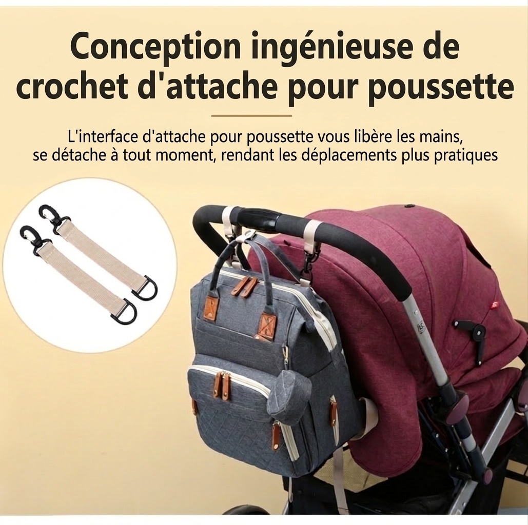 Sac à dos à langer multifonctionnel, sac de voyage pour bébé avec port de chargement USB, poches isothermes et sangles pour poussette