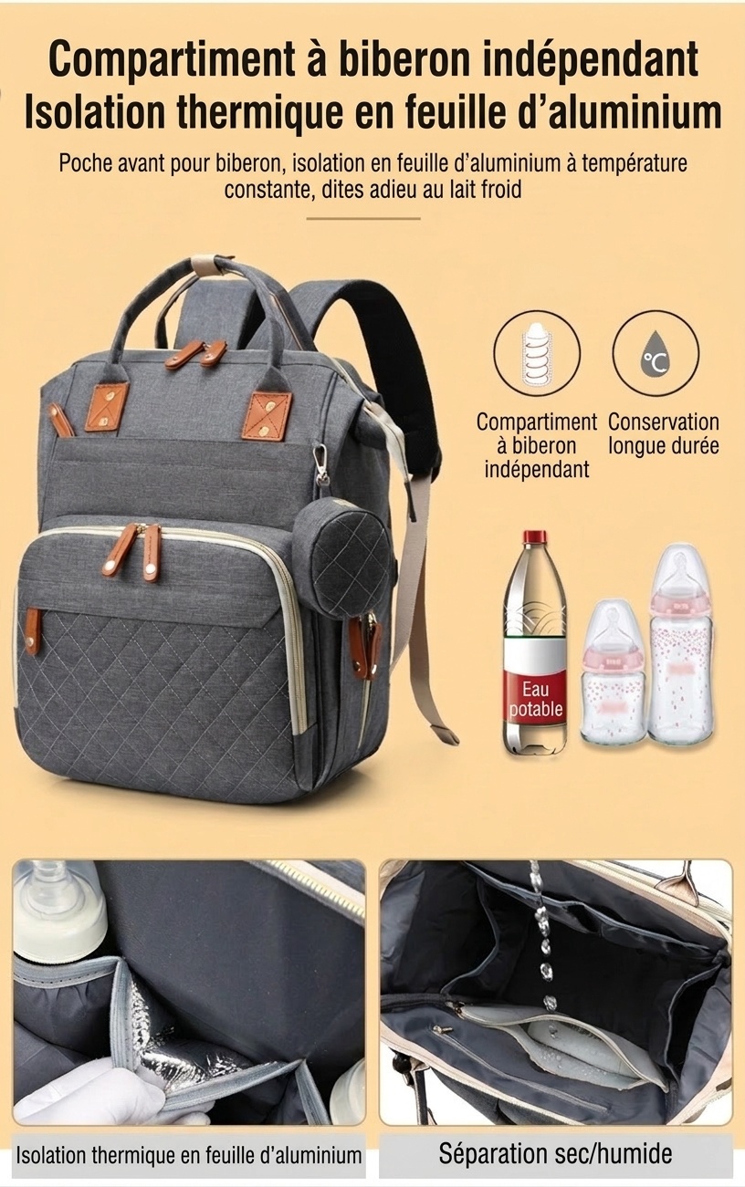 Sac à dos à langer multifonctionnel, sac de voyage pour bébé avec port de chargement USB, poches isothermes et sangles pour poussette