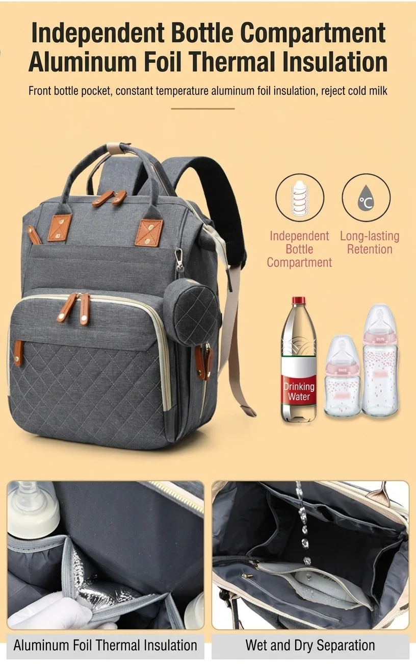 Zaino fasciatoio multifunzionale, borsa da viaggio per neonati con porta di ricarica USB, tasche termiche e cinghie per passeggino.