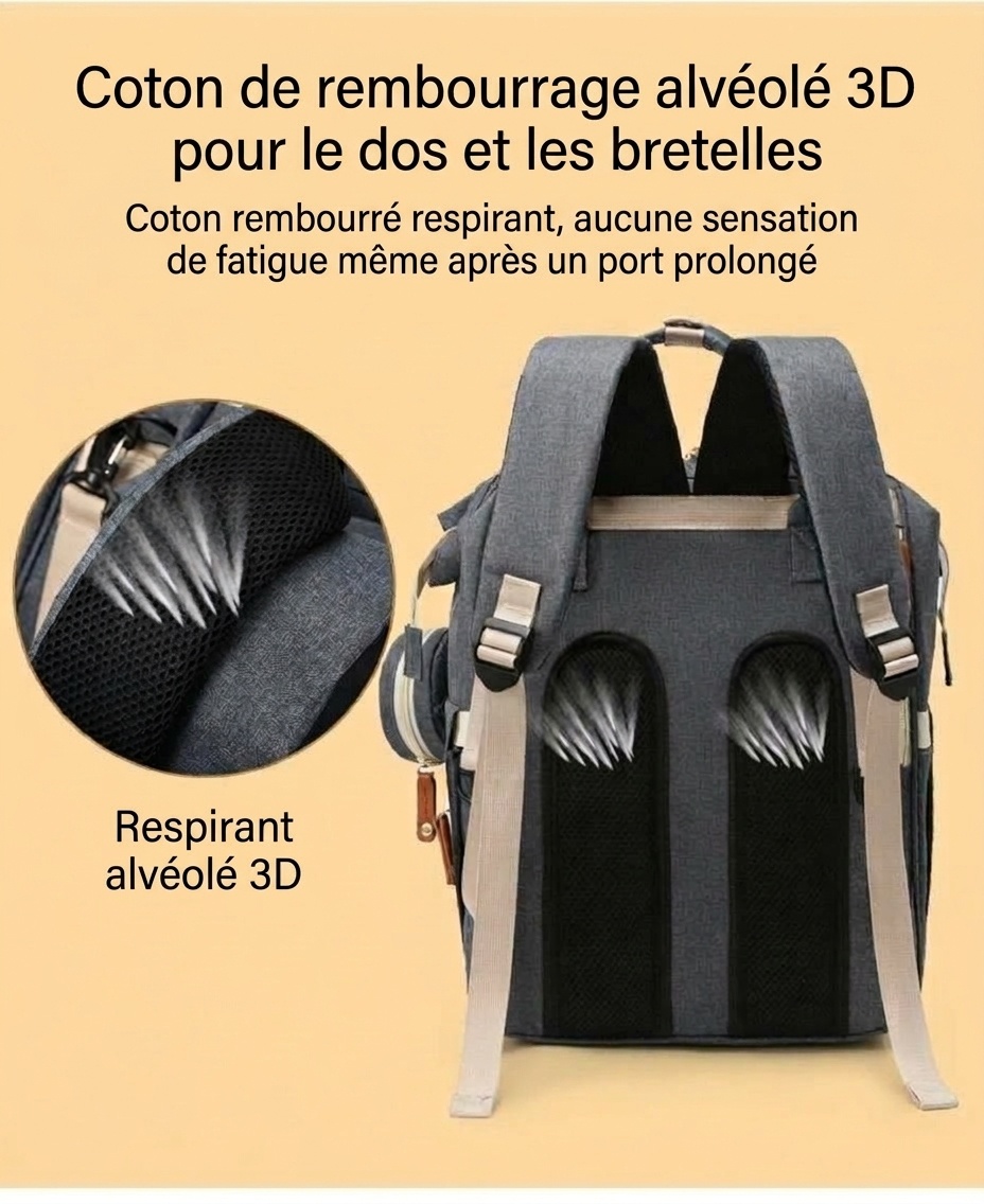 Sac à dos à langer multifonctionnel, sac de voyage pour bébé avec port de chargement USB, poches isothermes et sangles pour poussette