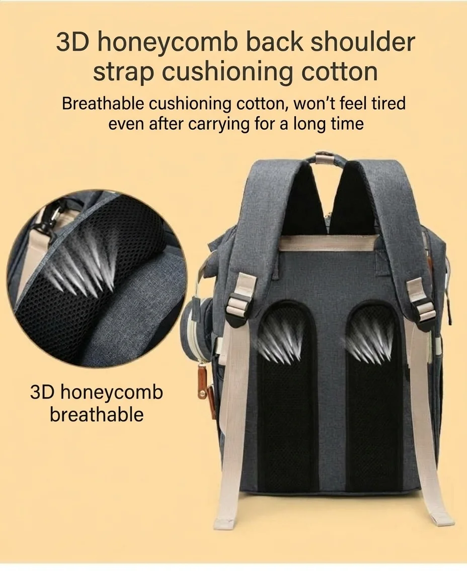 Zaino fasciatoio multifunzionale, borsa da viaggio per neonati con porta di ricarica USB, tasche termiche e cinghie per passeggino.