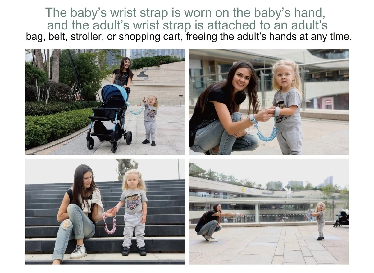 Guinzaglio di sicurezza anti-smarrimento per bambini, braccialetto traspirante con chiusura di sicurezza e filo elastico in acciaio a spirale per la sicurezza del bambino.