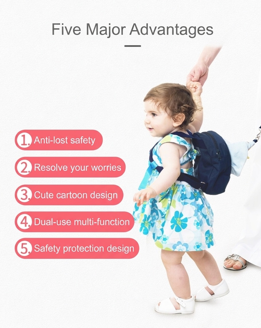 Zainetto di sicurezza per bambini con guinzaglio anti-smarrimento, mini zainetto a forma di elefante con imbracatura di sicurezza e cinghia pettorale per bambini e bambine.