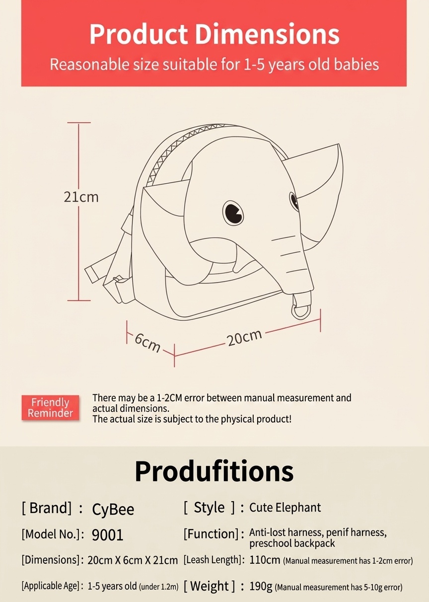 Zainetto di sicurezza per bambini con guinzaglio anti-smarrimento, mini zainetto a forma di elefante con imbracatura di sicurezza e cinghia pettorale per bambini e bambine.