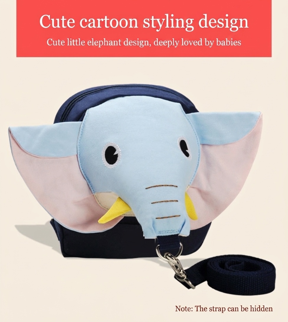 Zainetto di sicurezza per bambini con guinzaglio anti-smarrimento, mini zainetto a forma di elefante con imbracatura di sicurezza e cinghia pettorale per bambini e bambine.