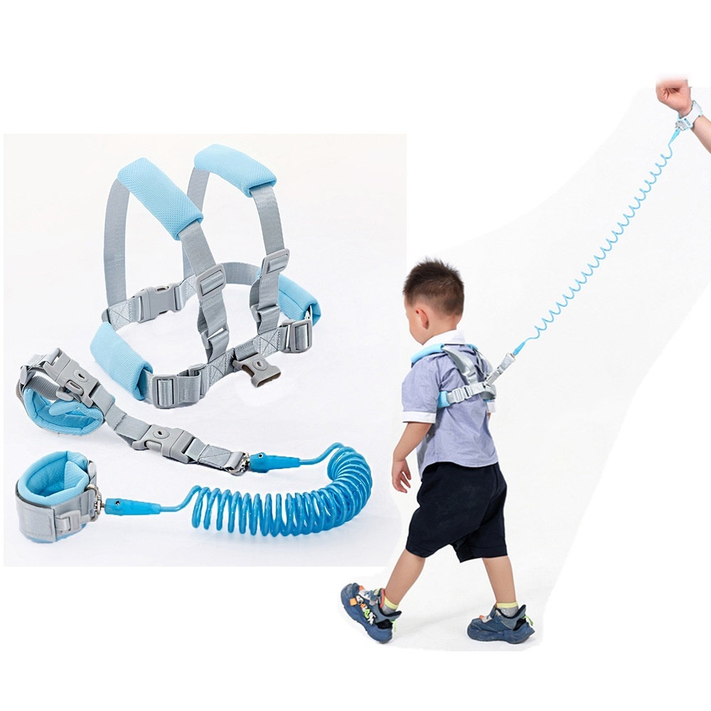 Imbracatura di sicurezza 2 in 1 per bambini con guinzaglio da polso anti-smarrimento, imbracatura traspirante per passeggiate con lucchetto e snodo girevole a 360°.