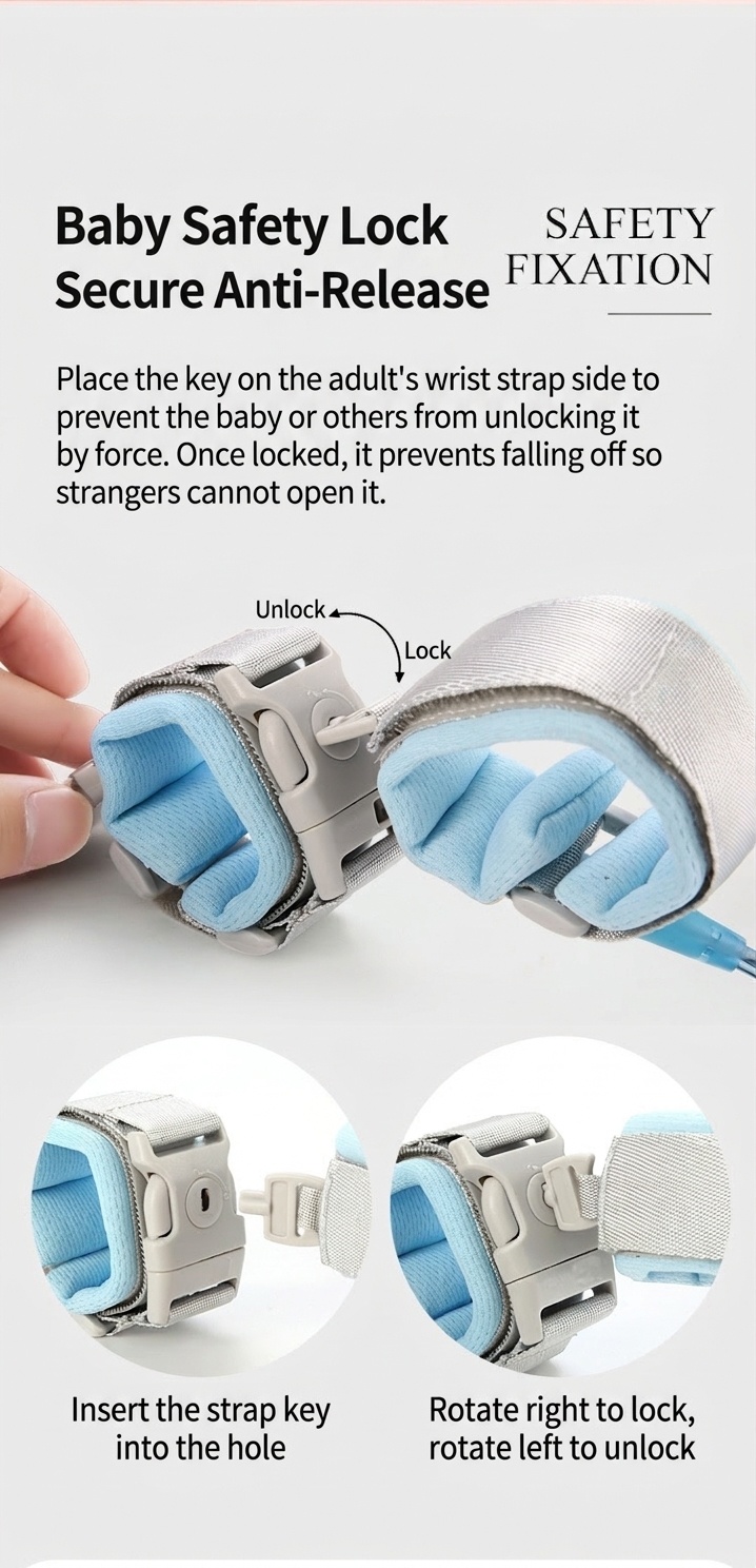 Imbracatura di sicurezza 2 in 1 per bambini con guinzaglio da polso anti-smarrimento, imbracatura traspirante per passeggiate con lucchetto e snodo girevole a 360°.