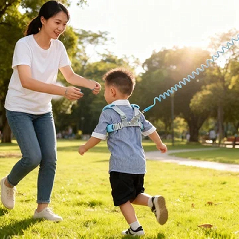 Imbracatura di sicurezza 2 in 1 per bambini con guinzaglio da polso anti-smarrimento, imbracatura traspirante per passeggiate con lucchetto e snodo girevole a 360°.