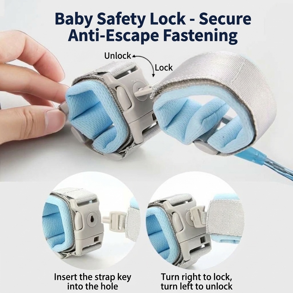 Imbracatura di sicurezza 2 in 1 per bambini con guinzaglio da polso anti-smarrimento, imbracatura traspirante per passeggiate con lucchetto e snodo girevole a 360°.