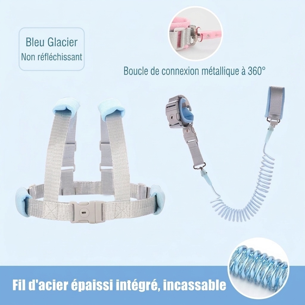 Harnais de sécurité enfant 2 en 1 avec dragonne anti-perte, harnais de marche respirant avec verrou et pivot à clé rotatif à 360°