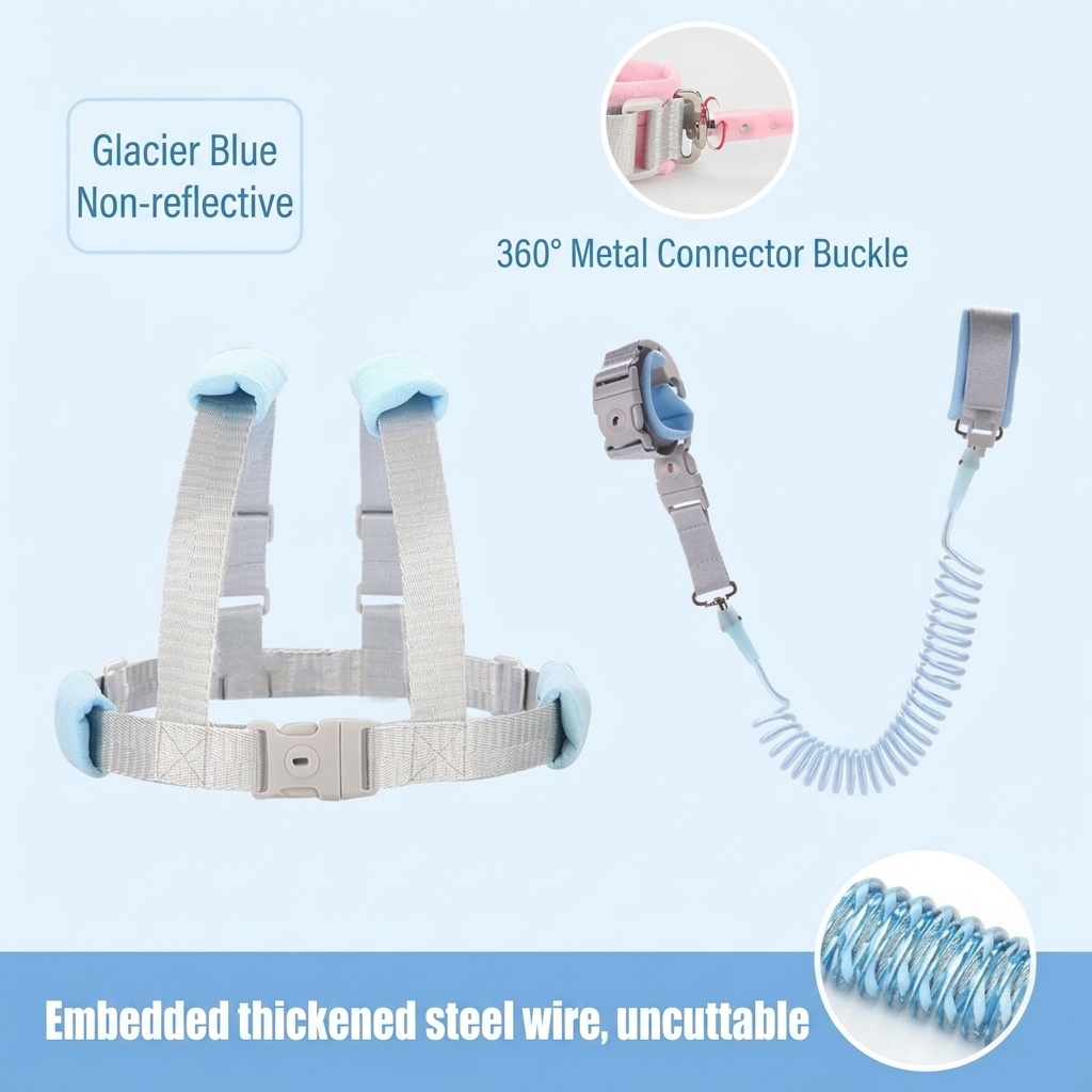 Imbracatura di sicurezza 2 in 1 per bambini con guinzaglio da polso anti-smarrimento, imbracatura traspirante per passeggiate con lucchetto e snodo girevole a 360°.