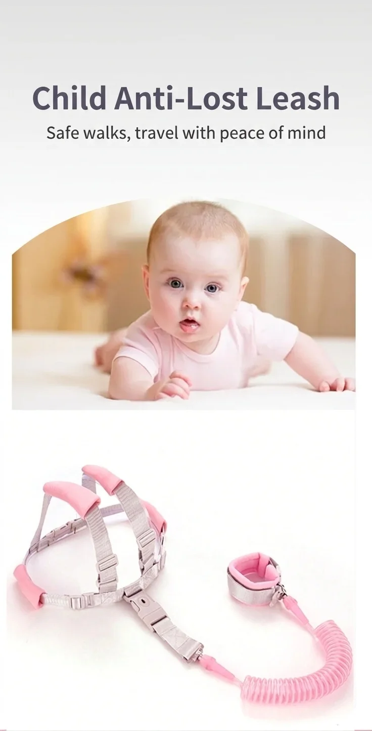Imbracatura di sicurezza 2 in 1 per bambini con guinzaglio da polso anti-smarrimento, imbracatura traspirante per passeggiate con lucchetto e snodo girevole a 360°.