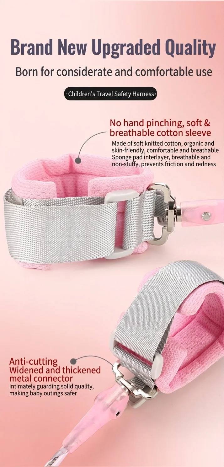 Imbracatura di sicurezza 2 in 1 per bambini con guinzaglio da polso anti-smarrimento, imbracatura traspirante per passeggiate con lucchetto e snodo girevole a 360°.