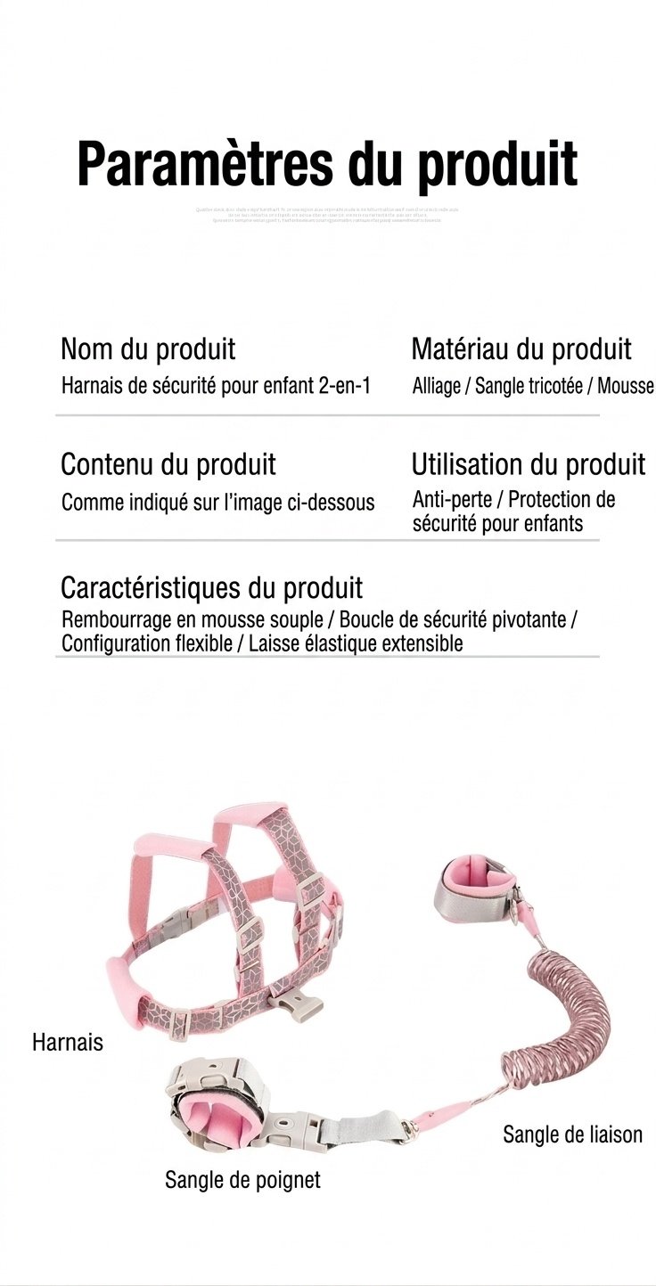 Harnais de sécurité enfant 2 en 1 avec dragonne anti-perte, harnais de marche respirant avec verrou et pivot à clé rotatif à 360°