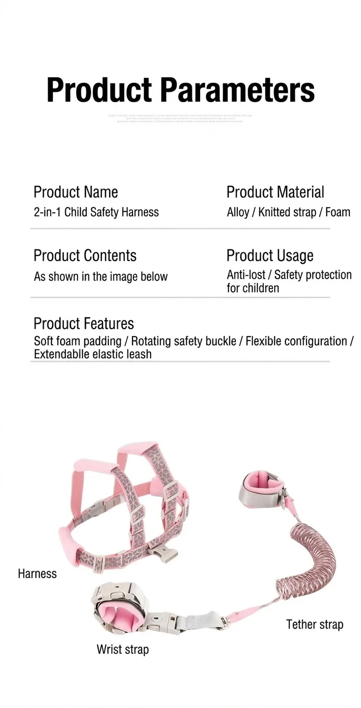 Imbracatura di sicurezza 2 in 1 per bambini con guinzaglio da polso anti-smarrimento, imbracatura traspirante per passeggiate con lucchetto e snodo girevole a 360°.