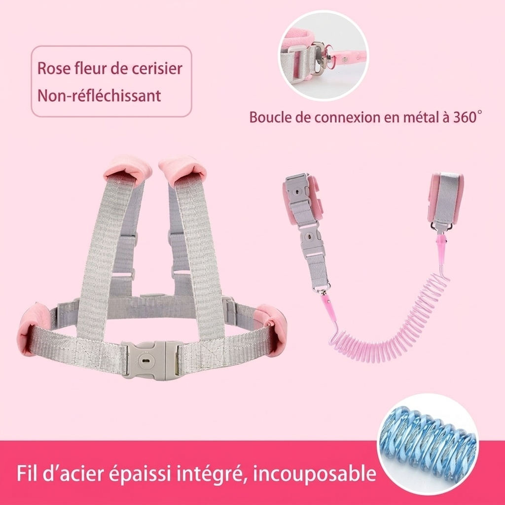 Harnais de sécurité enfant 2 en 1 avec dragonne anti-perte, harnais de marche respirant avec verrou et pivot à clé rotatif à 360°