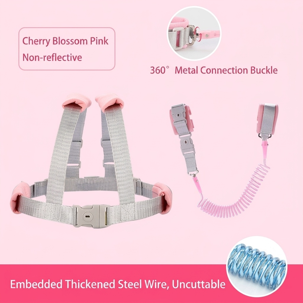 Imbracatura di sicurezza 2 in 1 per bambini con guinzaglio da polso anti-smarrimento, imbracatura traspirante per passeggiate con lucchetto e snodo girevole a 360°.