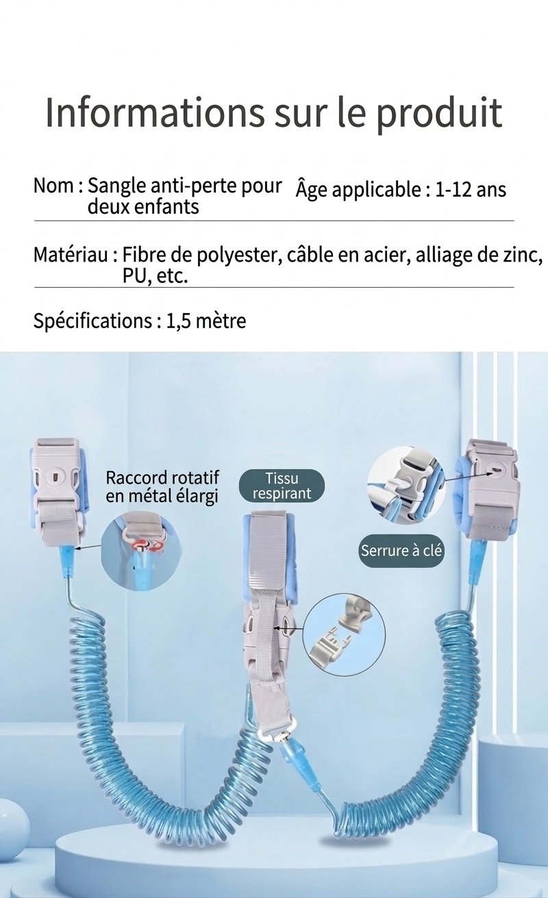 Laisse de sécurité anti-perte pour enfant, avec bracelet de maintien et verrou à clé, pivotant à 360°, idéale pour les tout-petits et les enfants.