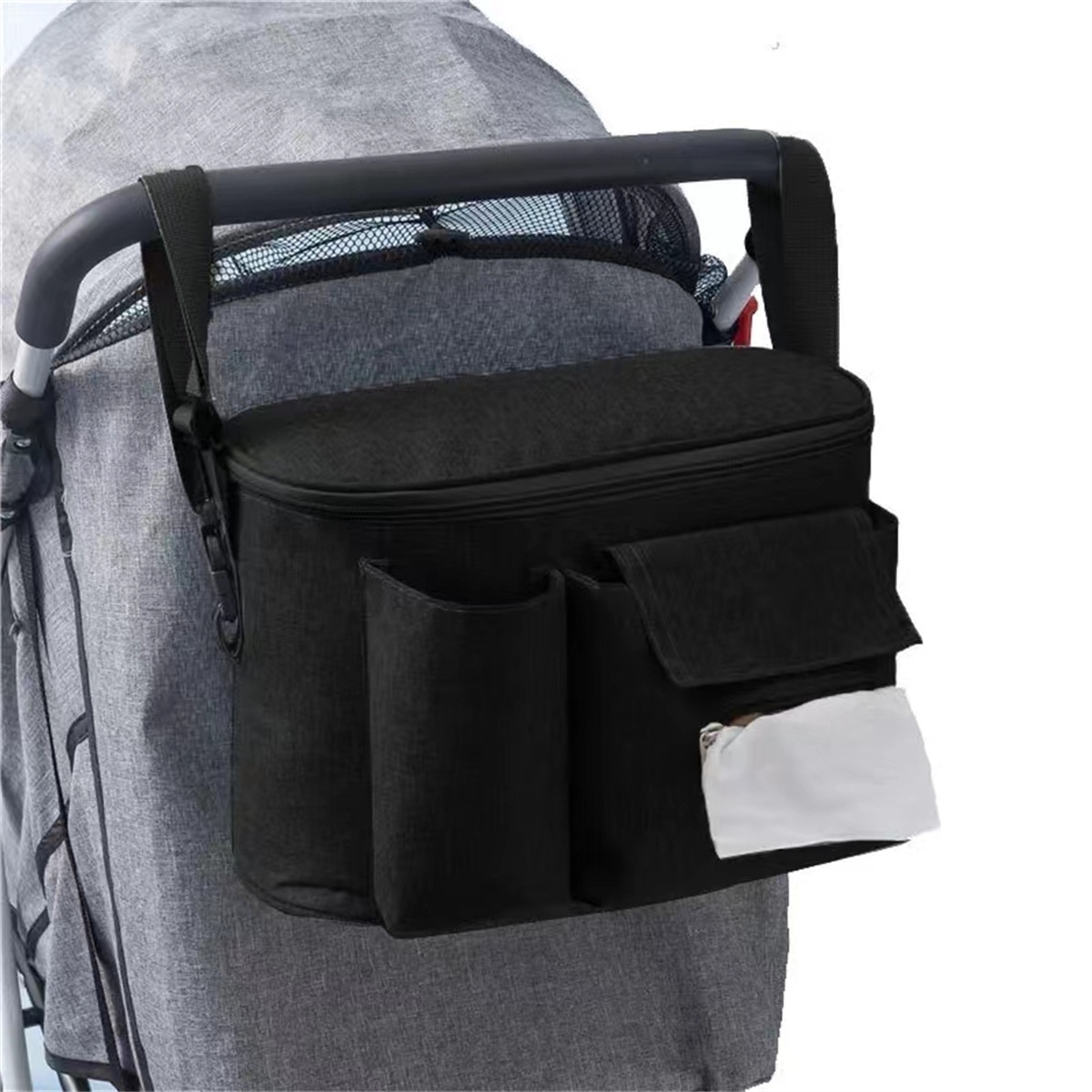 Bolsa organizadora universal para cochecito con correa de hombro desmontable, portavasos térmicos y múltiples bolsillos para guardar los artículos esenciales del bebé.