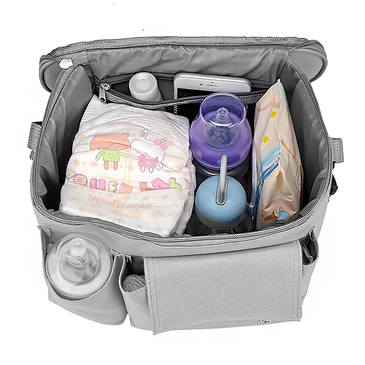 Borsa organizer universale per passeggino con tracolla removibile, portabicchieri termici e numerose tasche per riporre gli accessori essenziali del bambino.