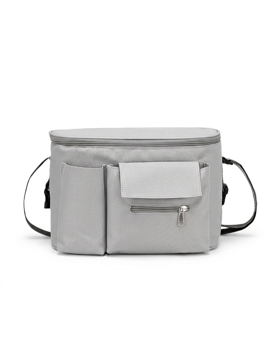 Bolsa organizadora universal para cochecito con correa de hombro desmontable, portavasos térmicos y múltiples bolsillos para guardar los artículos esenciales del bebé.