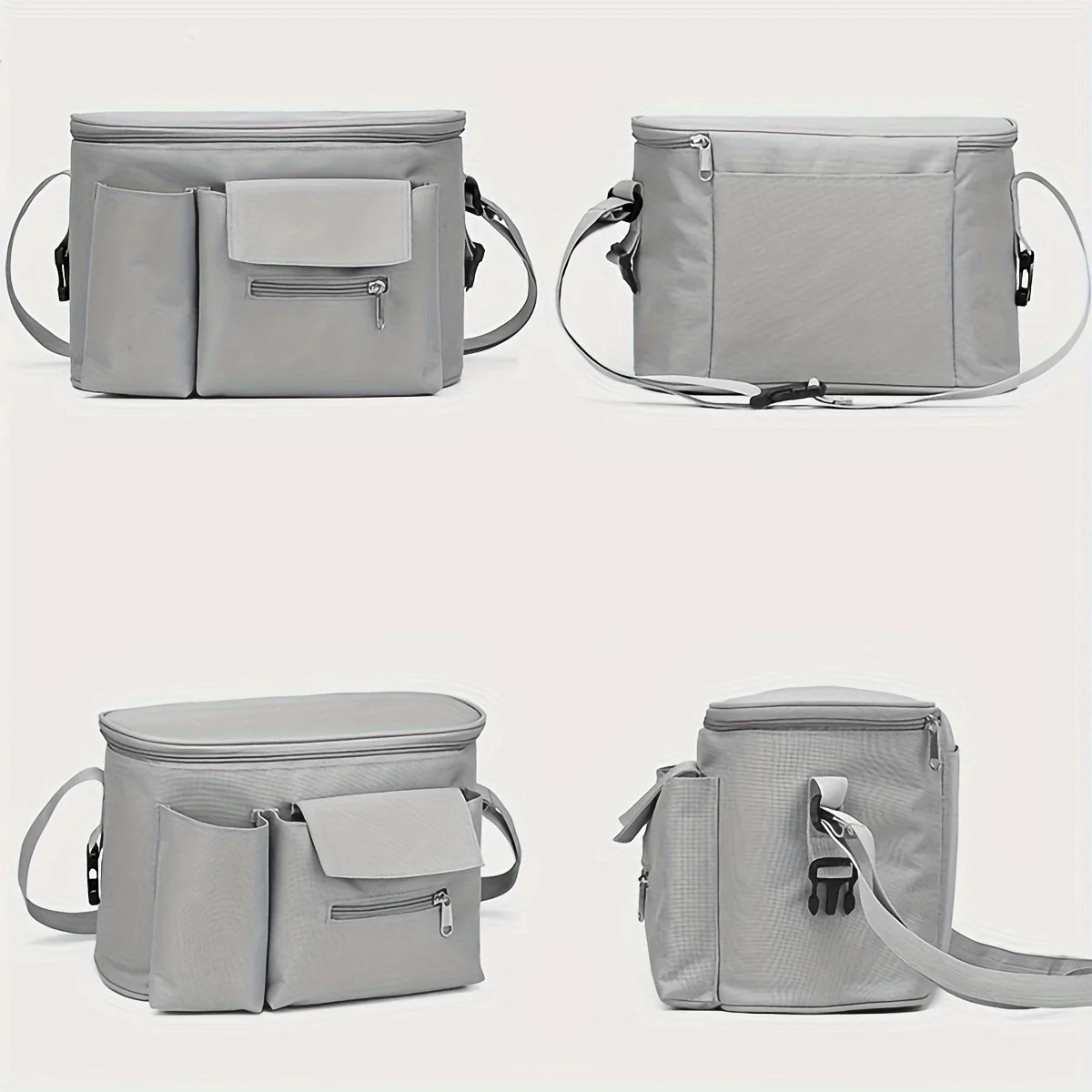 Borsa organizer universale per passeggino con tracolla removibile, portabicchieri termici e numerose tasche per riporre gli accessori essenziali del bambino.
