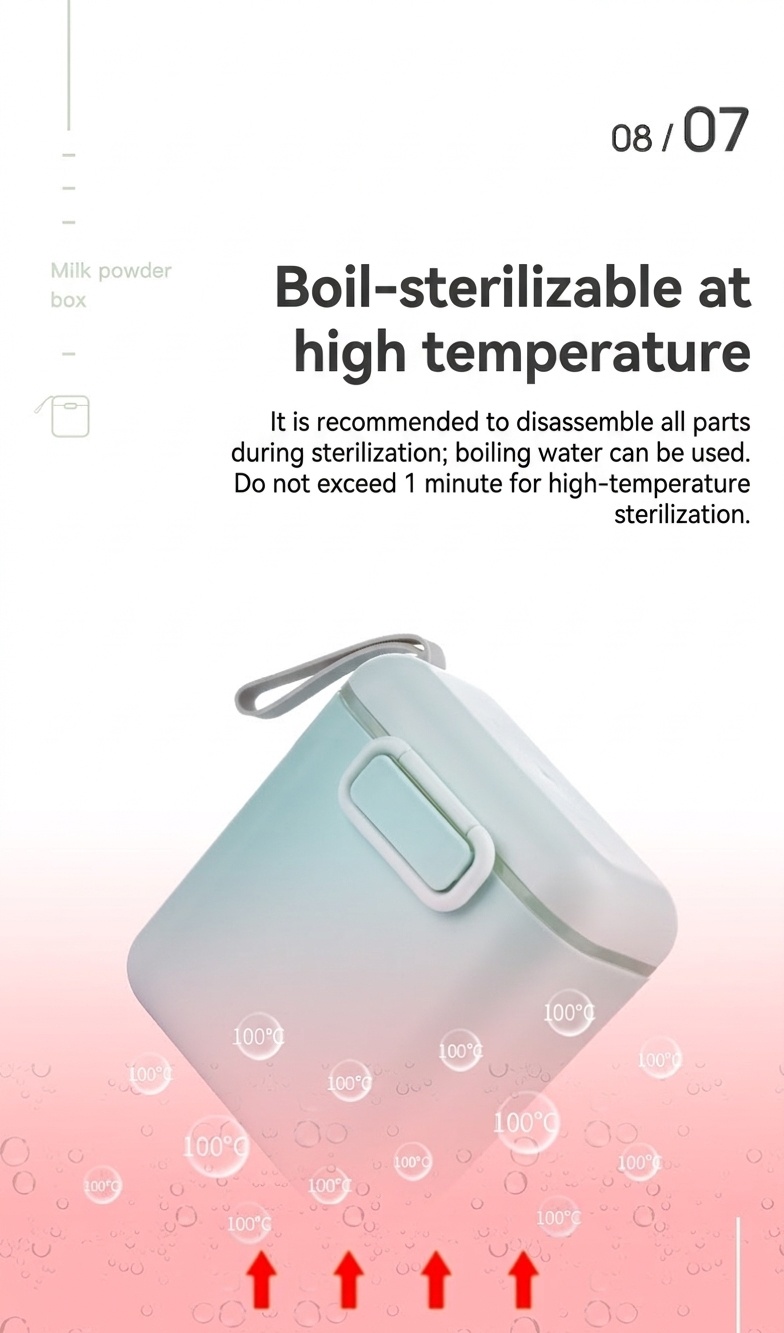 Dispenser portatile di latte in polvere per neonati, contenitore ermetico per snack con misurino e livellatore, ideale per viaggi e gite.