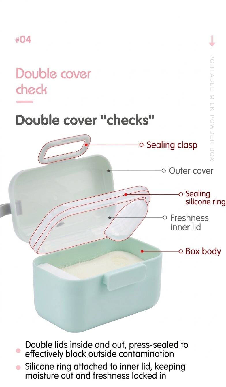 Dispenser portatile di latte in polvere per neonati, contenitore ermetico per snack con misurino e livellatore, ideale per viaggi e gite.