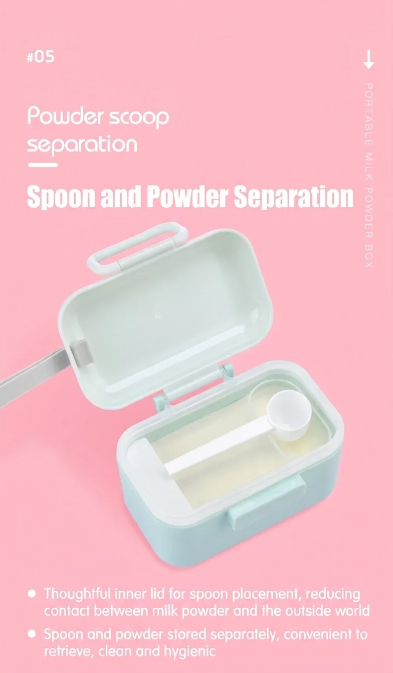 Dispenser portatile di latte in polvere per neonati, contenitore ermetico per snack con misurino e livellatore, ideale per viaggi e gite.