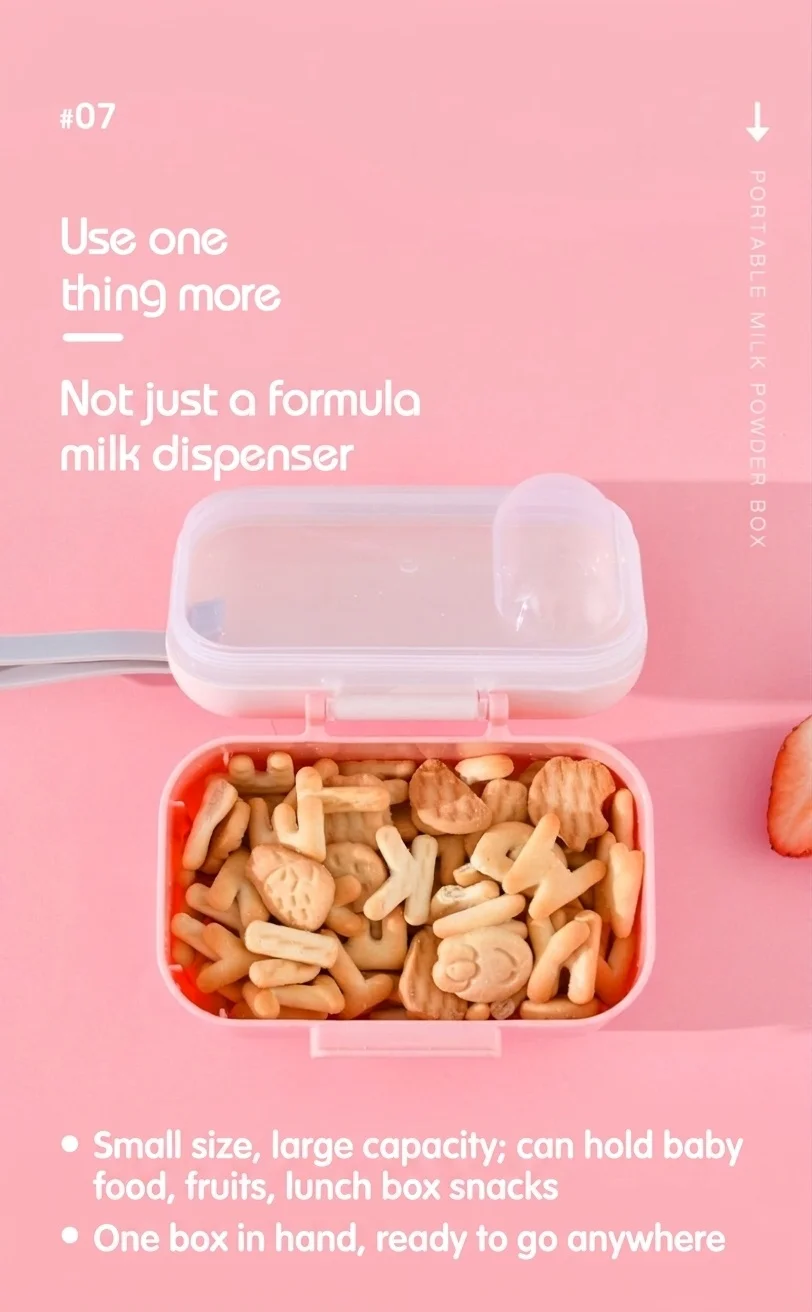 Dispenser portatile di latte in polvere per neonati, contenitore ermetico per snack con misurino e livellatore, ideale per viaggi e gite.