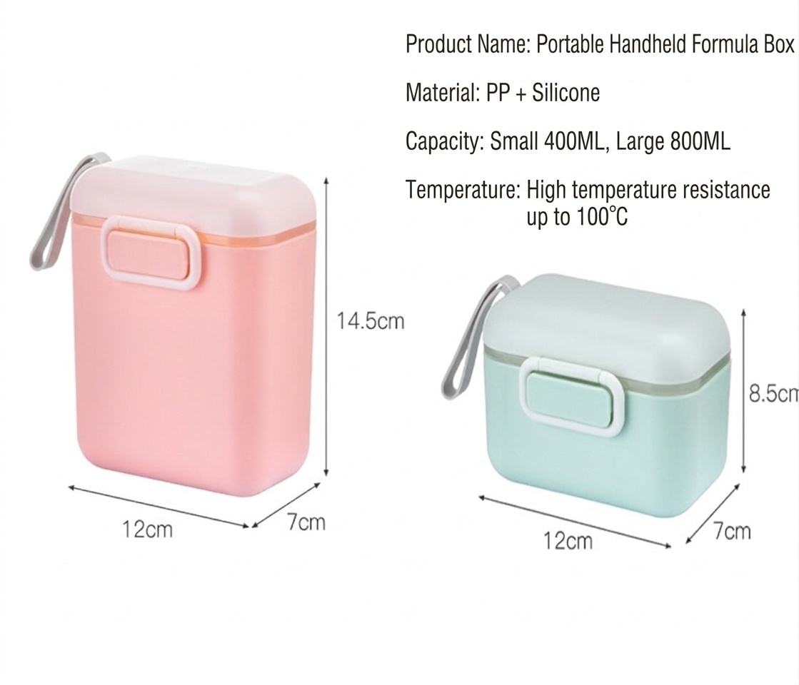 Dispenser portatile di latte in polvere per neonati, contenitore ermetico per snack con misurino e livellatore, ideale per viaggi e gite.