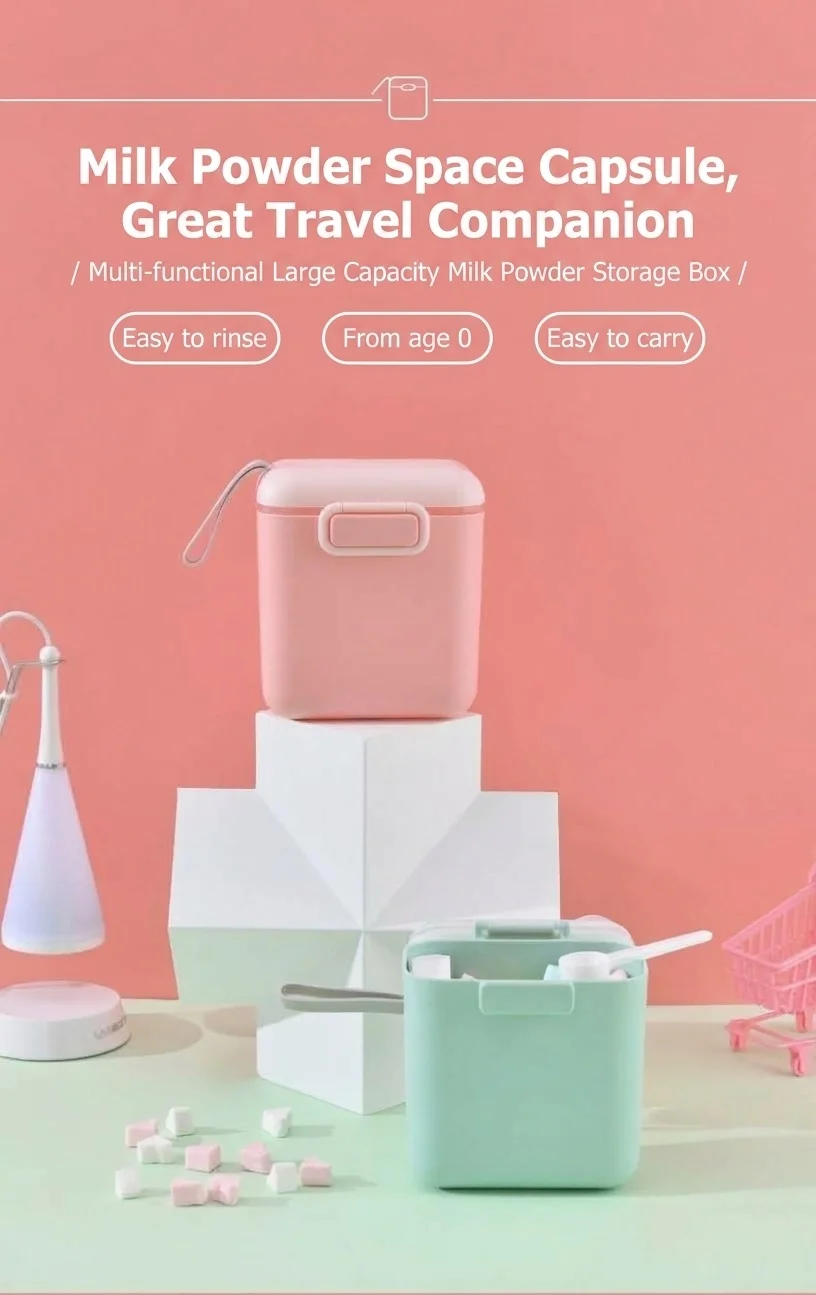 Dispenser portatile di latte in polvere per neonati, contenitore ermetico per snack con misurino e livellatore, ideale per viaggi e gite.