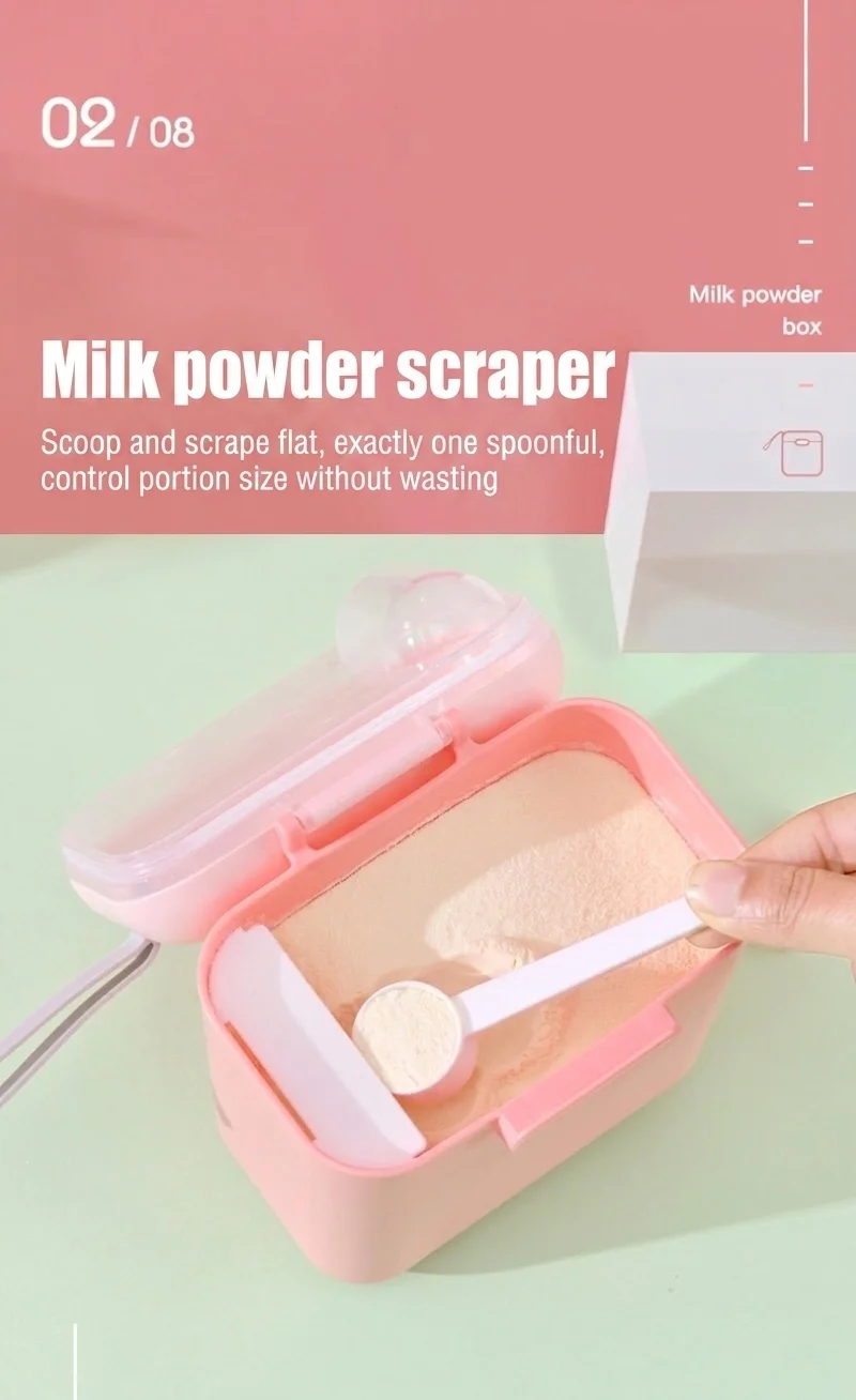 Dispenser portatile di latte in polvere per neonati, contenitore ermetico per snack con misurino e livellatore, ideale per viaggi e gite.