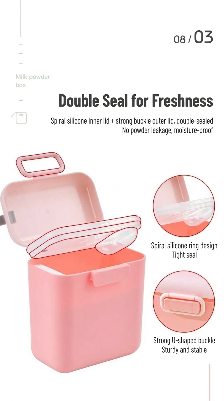 Dispenser portatile di latte in polvere per neonati, contenitore ermetico per snack con misurino e livellatore, ideale per viaggi e gite.