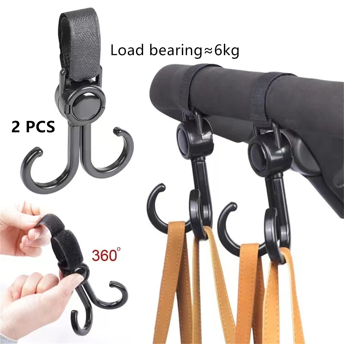 Ganchos universales para cochecito, clips giratorios de 360° de alta resistencia para colgar bolsas, con correas de sujeción ajustables para bolsas de pañales y compras.