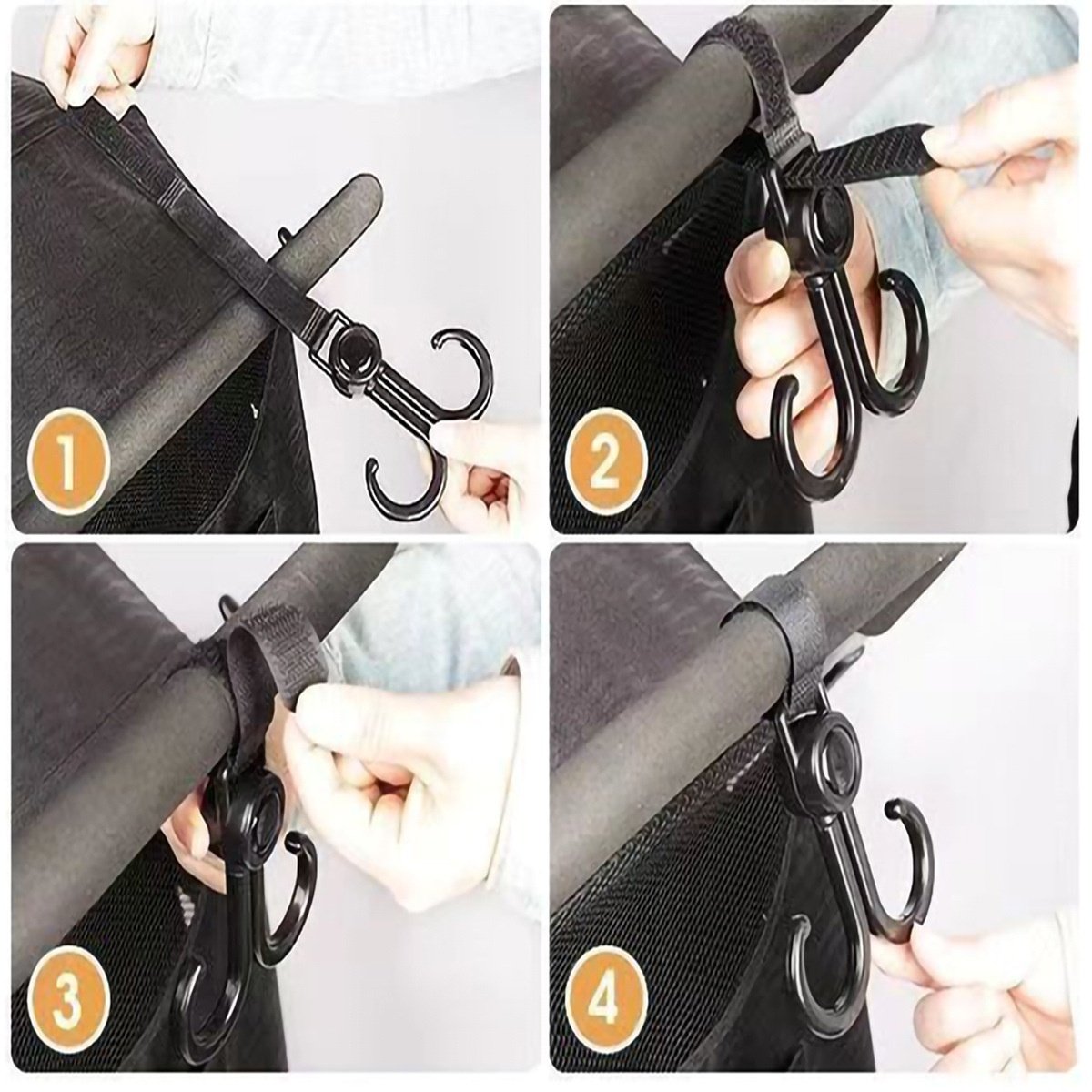 Ganci universali per passeggino, clip girevoli a 360° resistenti con cinghie di fissaggio regolabili per borse per pannolini e spesa.