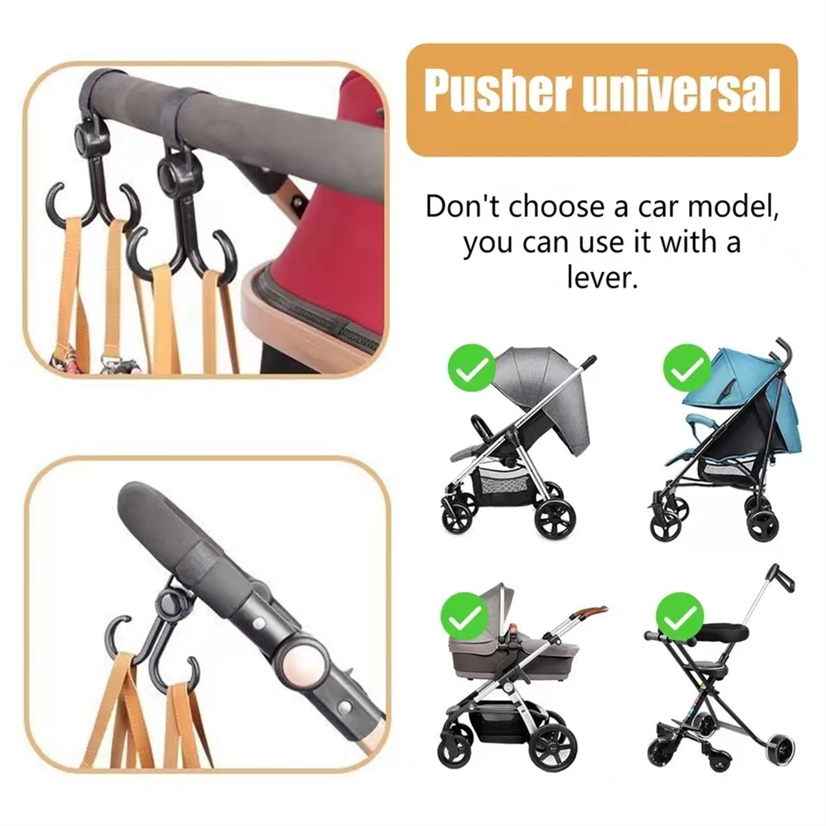 Ganchos universales para cochecito, clips giratorios de 360° de alta resistencia para colgar bolsas, con correas de sujeción ajustables para bolsas de pañales y compras.