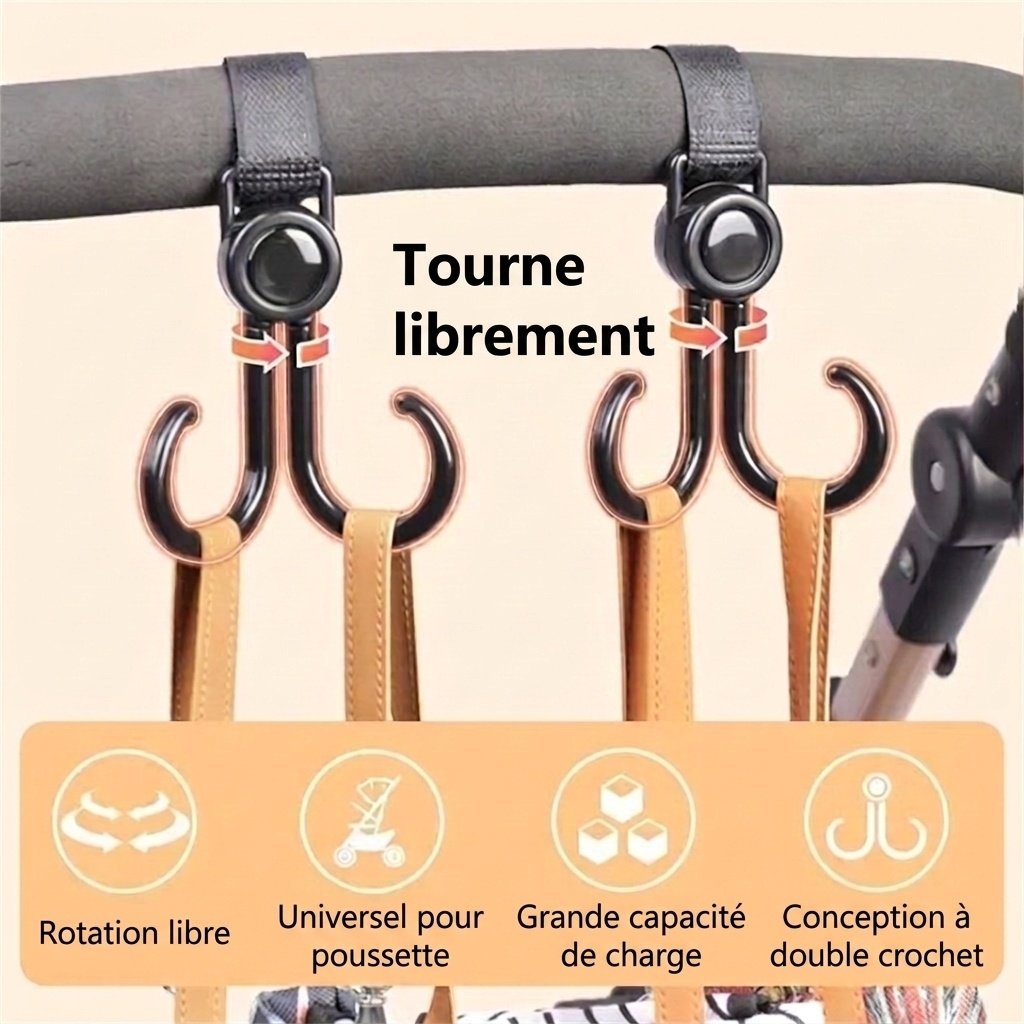 Crochets universels pour poussette, pinces de suspension robustes pivotantes à 360° avec sangles de fixation réglables pour sacs à langer et sacs de courses
