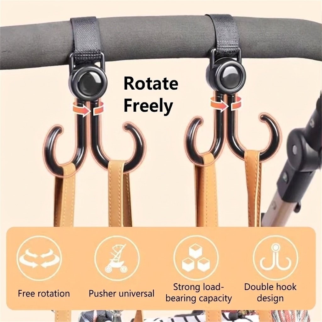 Ganci universali per passeggino, clip girevoli a 360° resistenti con cinghie di fissaggio regolabili per borse per pannolini e spesa.