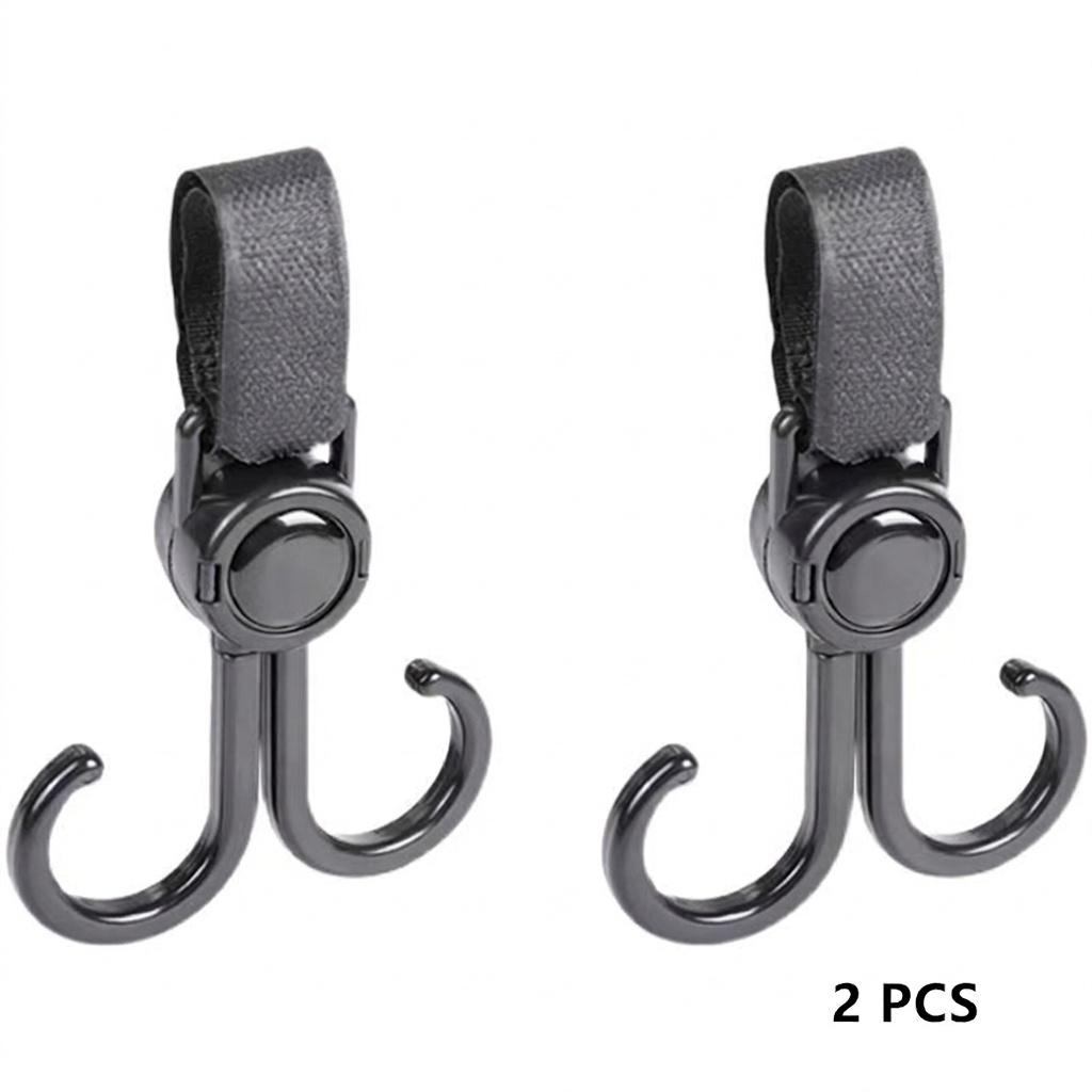 Ganchos universales para cochecito, clips giratorios de 360° de alta resistencia para colgar bolsas, con correas de sujeción ajustables para bolsas de pañales y compras.